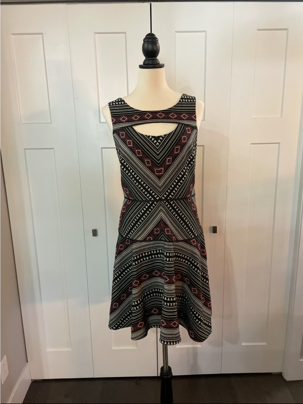 Jessica Simpson Black and Burgundy Tribal Cutout Fit & Flare Dress